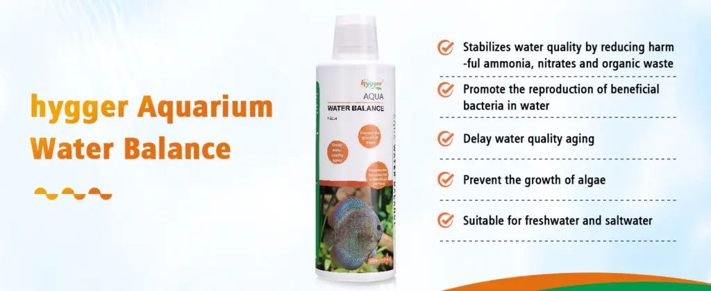 hygger Aquarium Water Balance product bottle with benefits list for aquarium maintenance