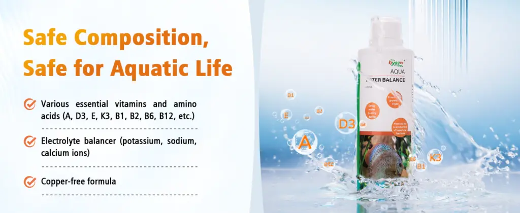 Hygger Aqua Water Balance product bottle with fish in water, highlighting safe composition for aquatic life with vitamins, el