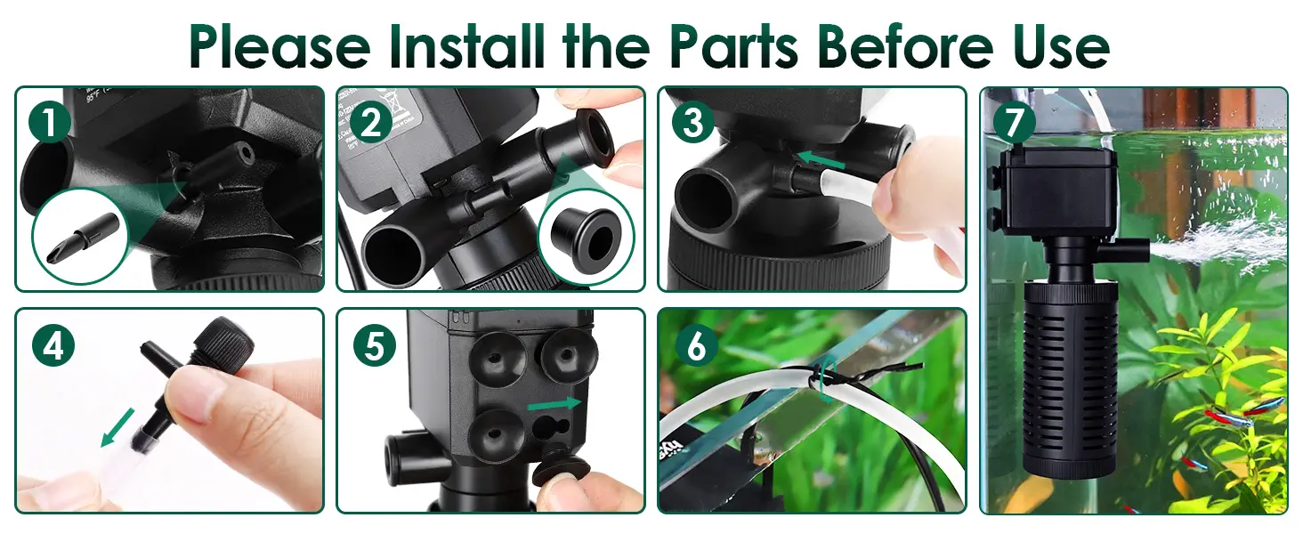 Step-by-step guide for installing Hygger aquarium pump parts before use, showing assembly with hoses and connectors.
