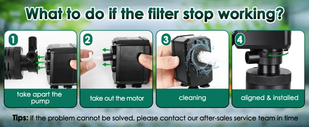 Step-by-step guide to fix a non-working aquarium filter: disassemble pump, remove motor, clean, and reinstall.