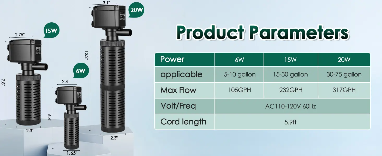 Hygger aquarium water pumps with 6W, 15W, and 20W power options, showing dimensions and product parameters for 5-75 gallon ta
