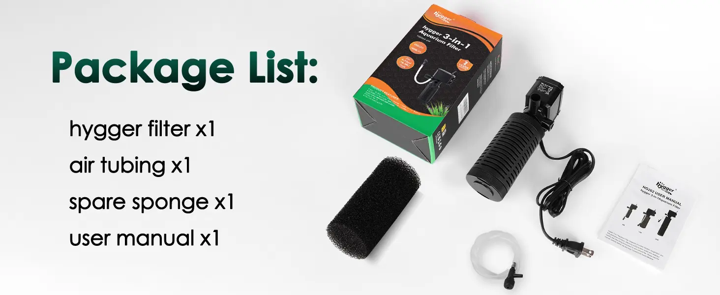 Hygger 3-in-1 Aquarium Filter Package List: Filter, Air Tubing, Spare Sponge, User Manual