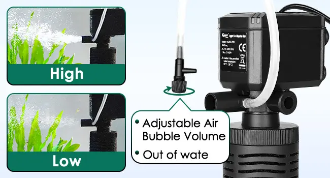 Hygger aquarium air pump with adjustable bubble volume, high and low settings, and out of water indicator
