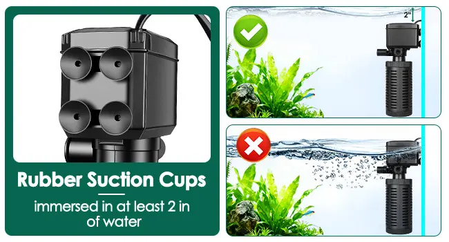 Hygger aquarium pump with rubber suction cups submerged in water for proper installation