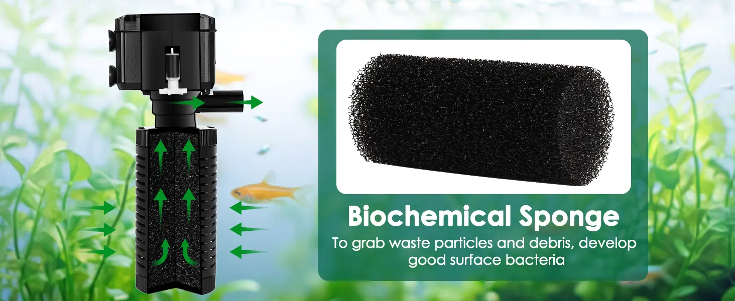Hygger aquarium filter with biochemical sponge for waste removal and bacteria growth in fish tank