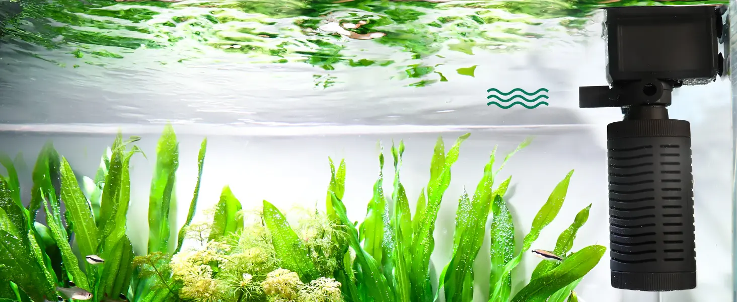 Hygger aquarium with lush green plants, small fish, and a black filter pump, showcasing a vibrant underwater ecosystem.