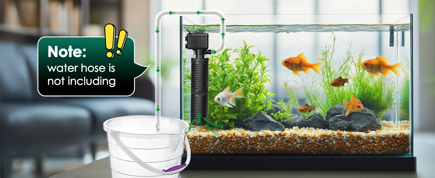 Hygger aquarium setup with goldfish, plants, and gravel; note water hose not included