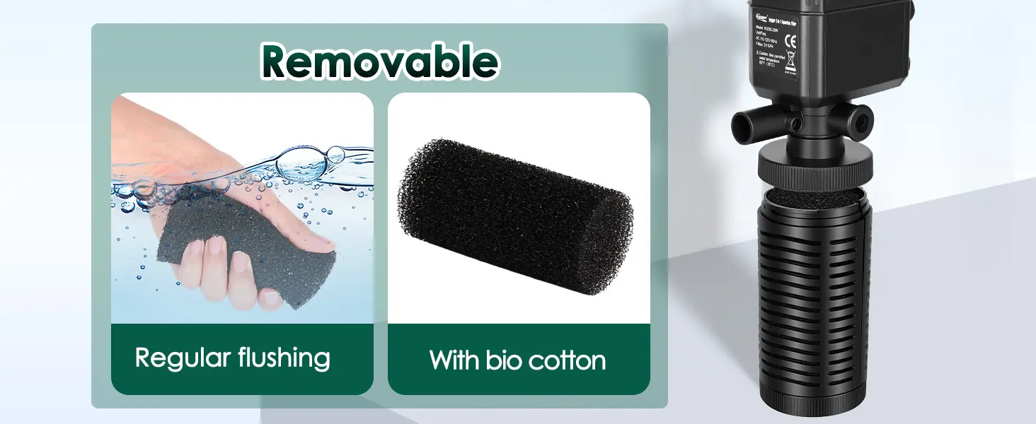 Hygger aquarium filter with removable bio cotton for regular flushing and maintenance