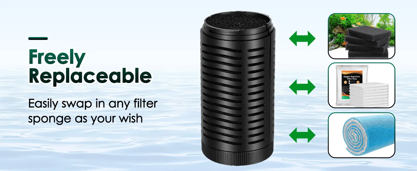 Freely Replaceable aquarium filter sponge with interchangeable black, white, and blue filter media options for easy maintenan