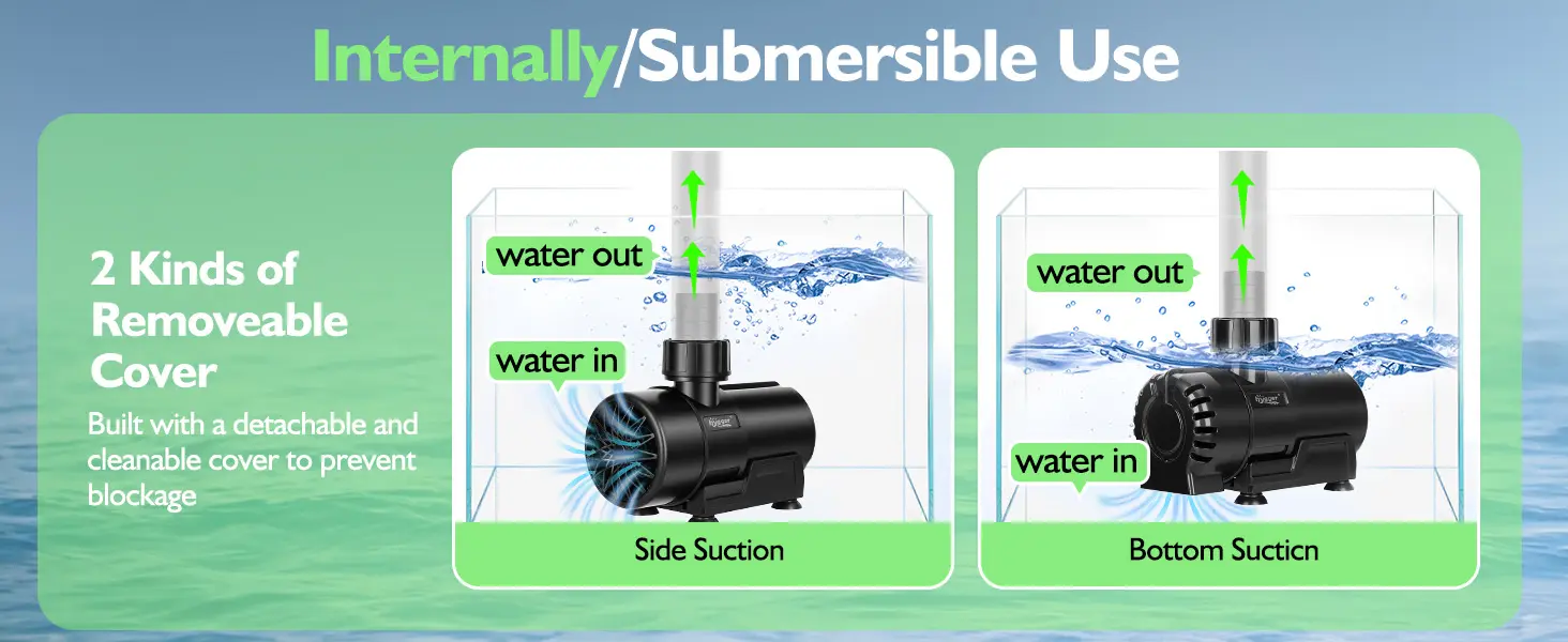 Hygger aquarium pump with side and bottom suction, removable cover for internal use