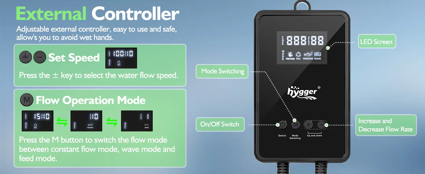 Hygger External Controller for aquariums with LED screen, speed adjustment, and flow mode switching