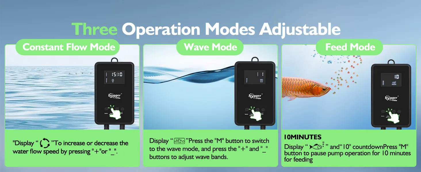 Hygger aquarium pump with three adjustable modes: constant flow, wave, and feed mode for optimal water circulation and feedin