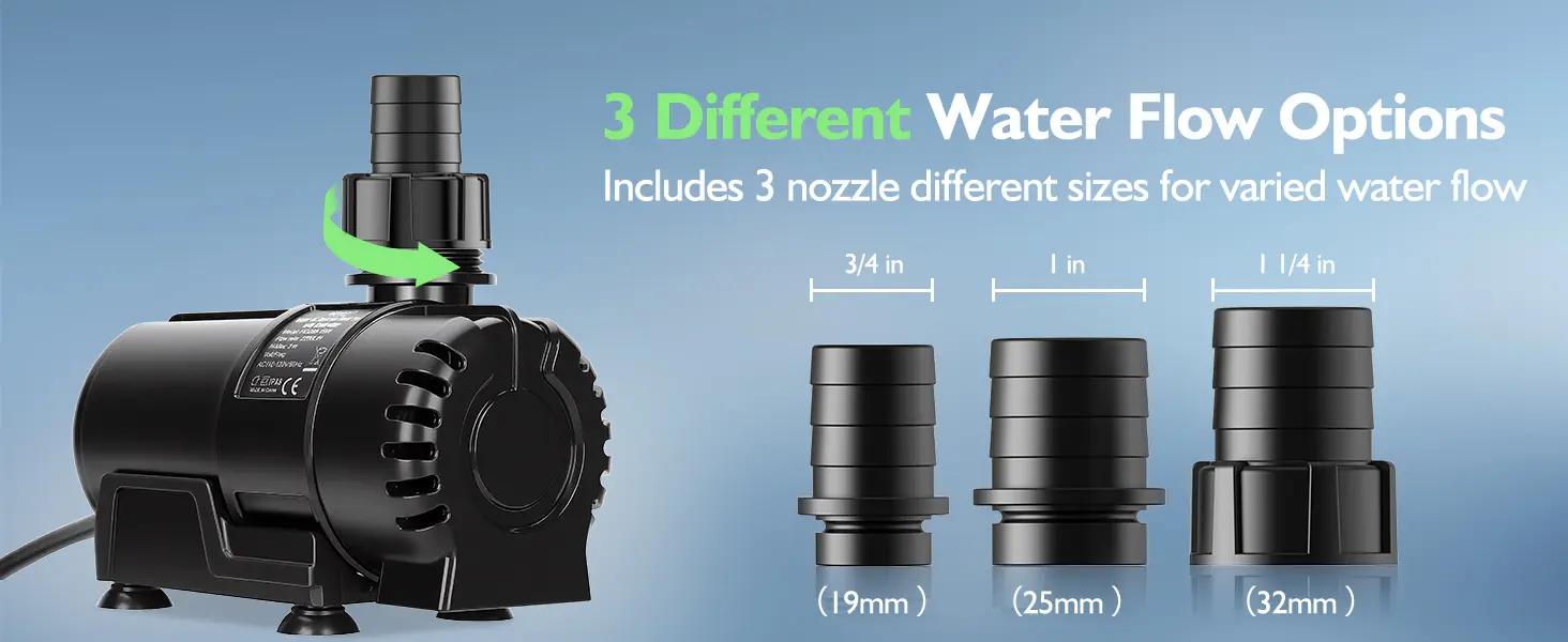 Hygger aquarium pump with 3 nozzle sizes: 3/4 in (19mm), 1 in (25mm), and 1 1/4 in (32mm) for adjustable water flow.