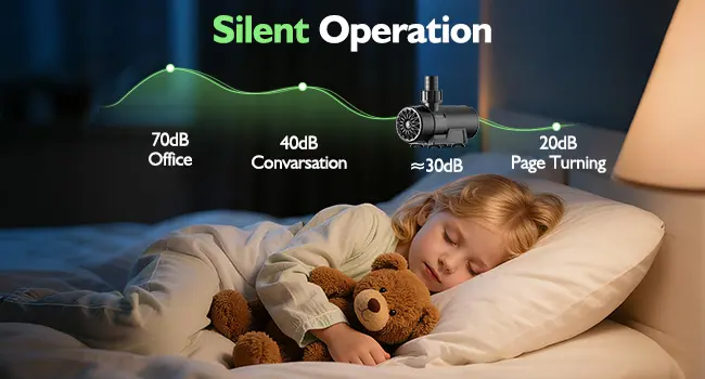 A child sleeps peacefully with a teddy bear, showing silent operation noise levels: 70dB Office, 40dB Conversation, 30dB, 20d