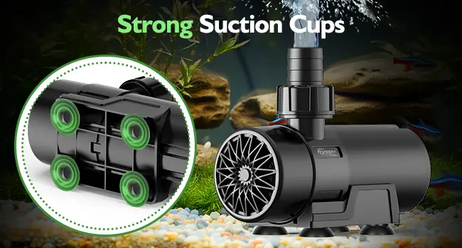 Hygger aquarium water pump with strong suction cups for secure mounting in fish tanks, featuring a close-up view of the green