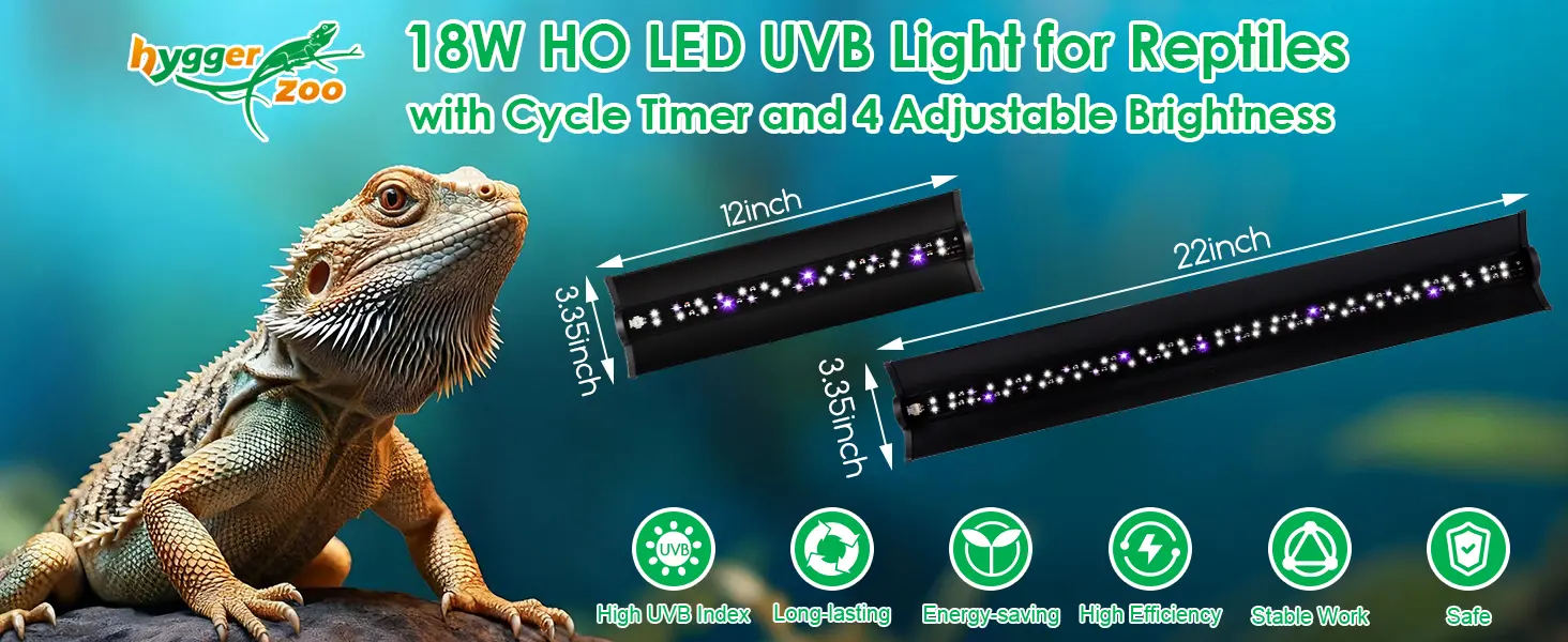 Hygger Zoo 18W HO LED UVB Light for Reptiles with Cycle Timer and 4 Adjustable Brightness levels, featuring 12inch and 22inch