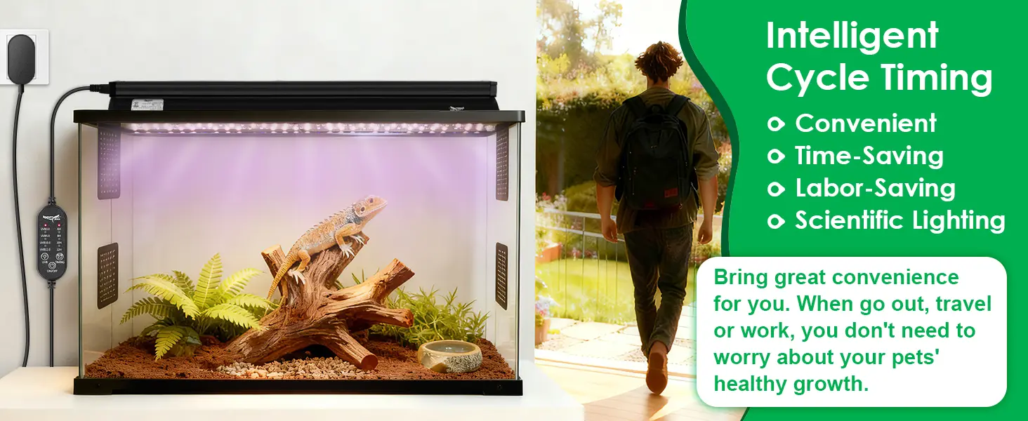 Hygger smart terrarium with intelligent lighting for bearded dragon, featuring cycle timing and convenient pet care.