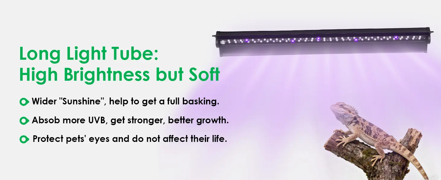 Long Light Tube for Reptiles: High Brightness, Soft Light, UVB Absorption, Basking Area