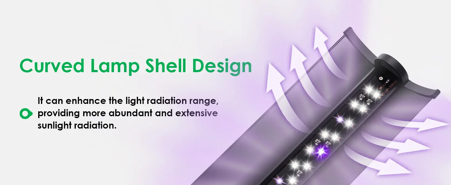 Hygger aquarium lamp with curved shell design enhancing light radiation for abundant sunlight