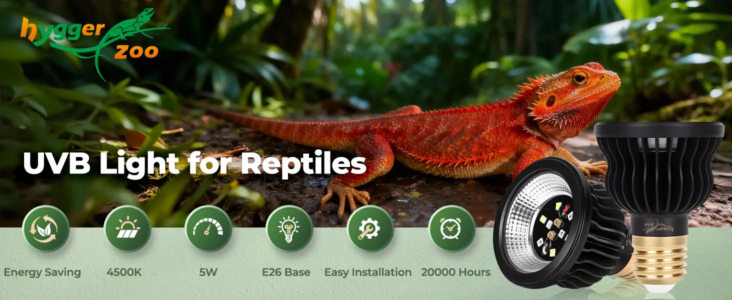 Hygger Zoo UVB Light for Reptiles - Energy Saving, 4500K, 5W, E26 Base, Easy Installation, 20000 Hours