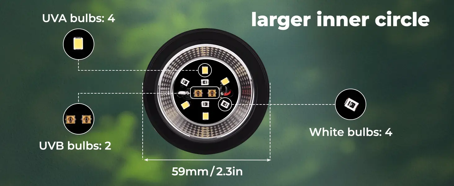 Hygger aquarium LED light fixture with 4 UVA bulbs, 2 UVB bulbs, and 4 white bulbs in a 59mm diameter circular design