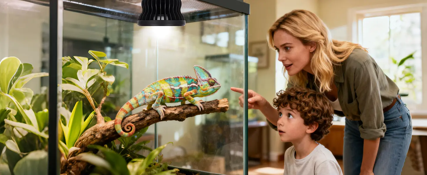A woman and child observe a colorful chameleon in a hygger aquarium terrarium with plants and lighting.