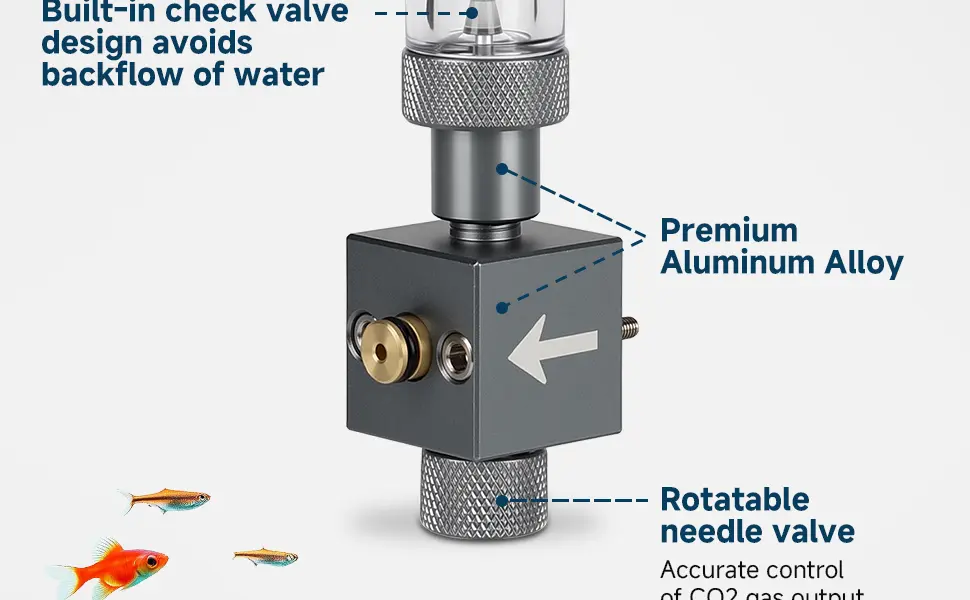 Hygger CO2 regulator with check valve, aluminum alloy body, and rotatable needle valve for aquarium use
