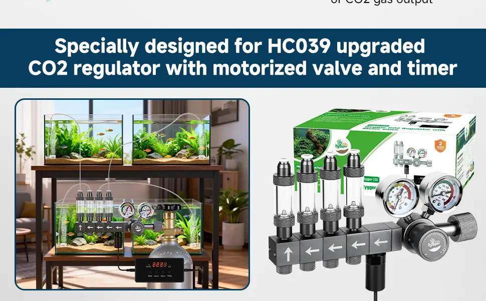 Hygger HC039 CO2 regulator with motorized valve and timer for aquariums, shown with aquarium setups and product packaging