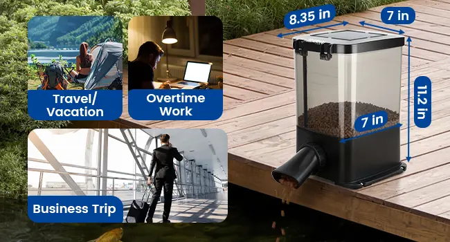 Hygger aquarium feeder with dimensions 8.35 in x 7 in x 11.2 in, designed for travel, vacation, overtime work, and business t