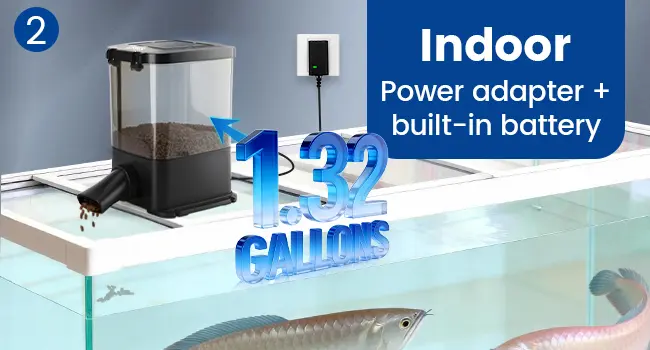 Hygger aquarium with 1.32-gallon capacity, indoor power adapter, and built-in battery for automatic feeding