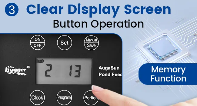Hygger aquarium controller with clear display screen, button operation, memory function, and digital clock showing 2:13.