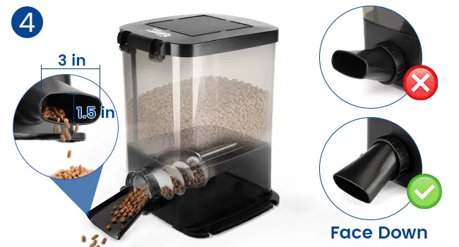 Hygger aquarium feeder with 3 in and 1.5 in measurements, showing correct face down orientation for seed dispensing.
