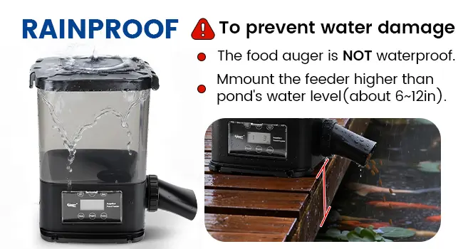 Rainproof aquarium feeder with water droplets, warning to mount higher than pond water level to prevent damage