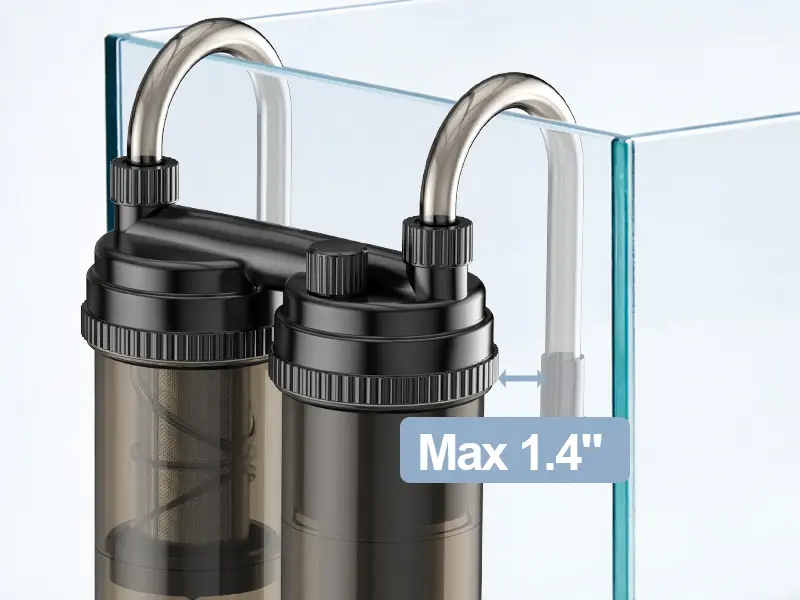 Hygger aquarium filter system with dual cartridges and adjustable flow rate, max 1.4 inch compatibility