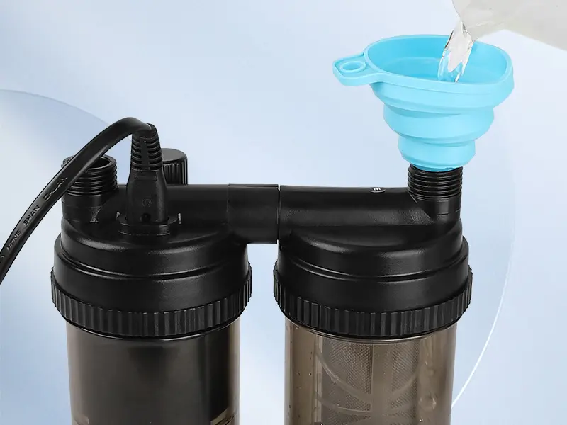 Hygger aquarium water filter system with dual filters and blue funnel for adding water