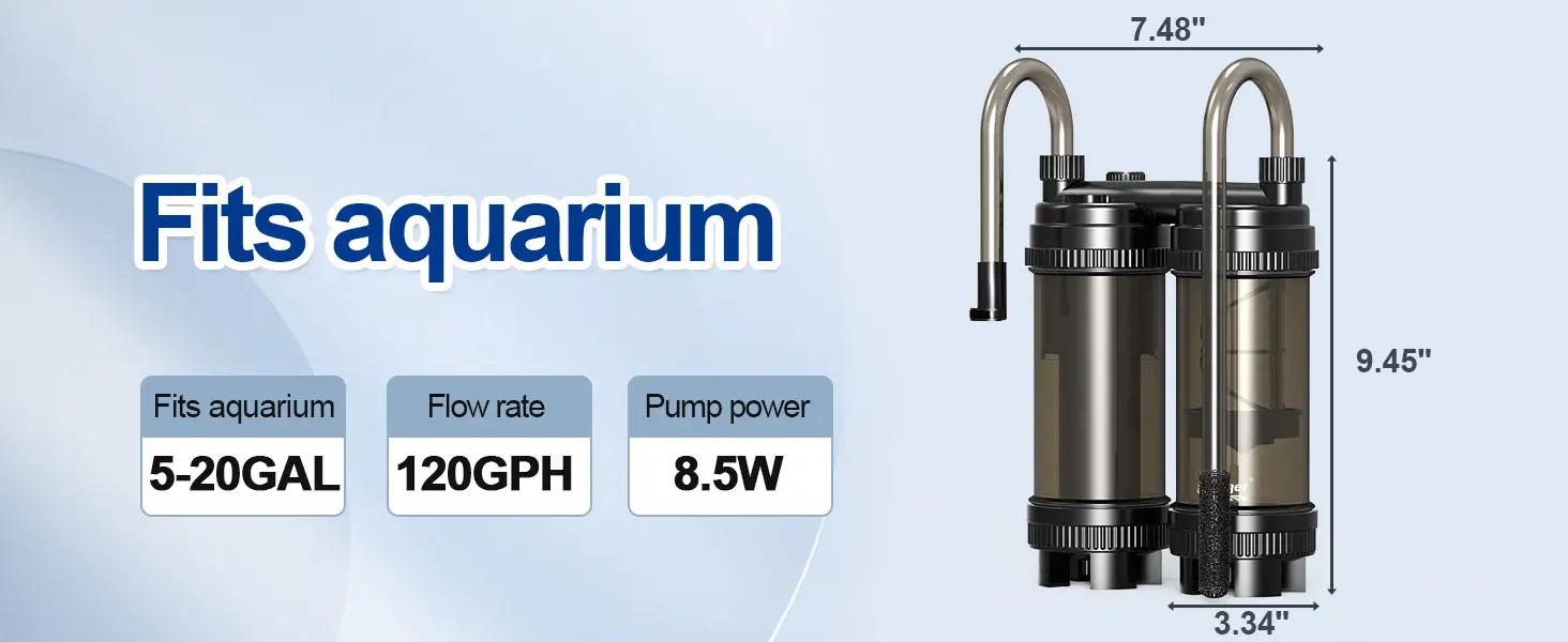 Hygger aquarium filter for 5-20GAL tanks with 120GPH flow rate and 8.5W pump power, dimensions 7.48"x9.45"x3.34"