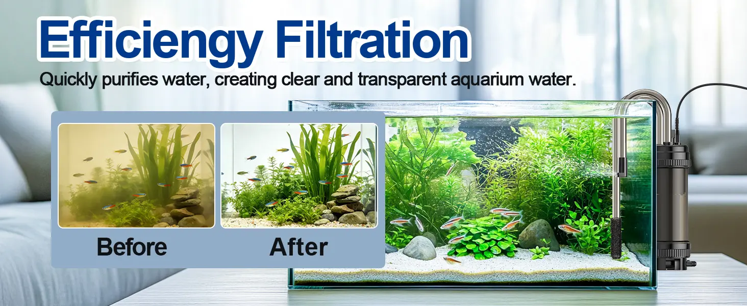 Efficiency Filtration system for aquariums showing clear water before and after use with plants and fish