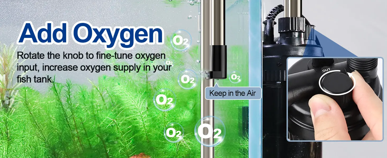 Adjustable oxygen knob for aquariums, increasing oxygen supply with O2 bubbles in fish tank