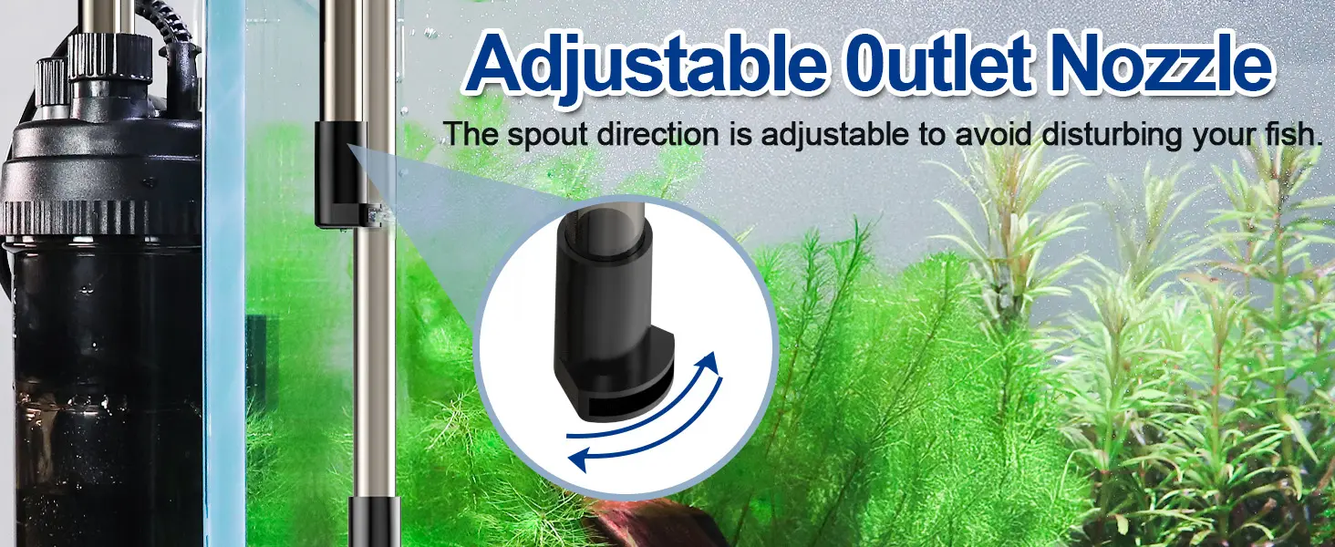 Adjustable outlet nozzle for aquarium filter, showing spout direction adjustment to avoid disturbing fish in a planted tank.