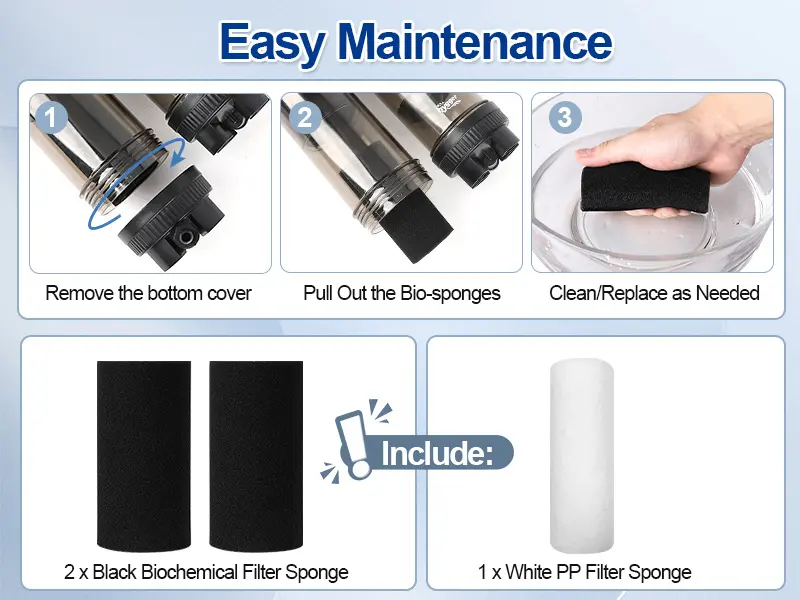 Easy maintenance guide for Hygger aquarium filter with steps to remove bottom cover, pull out bio-sponges, and clean/replace
