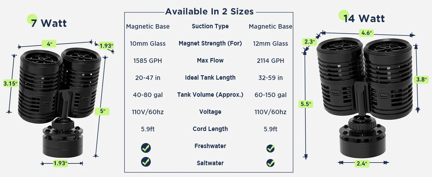 Hygger 7W and 14W aquarium air pumps with magnetic bases, suction types, and specifications for freshwater and saltwater tank