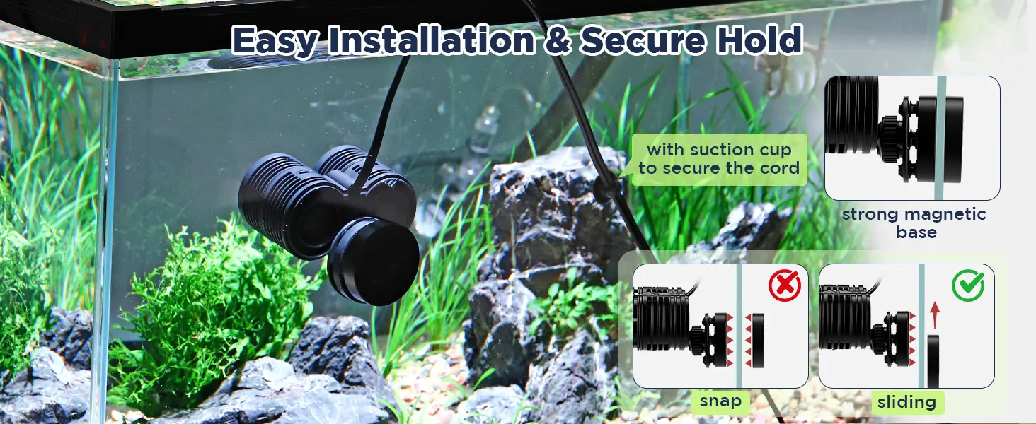 Hygger aquarium LED light with suction cup and magnetic base for easy installation and secure hold in fish tank