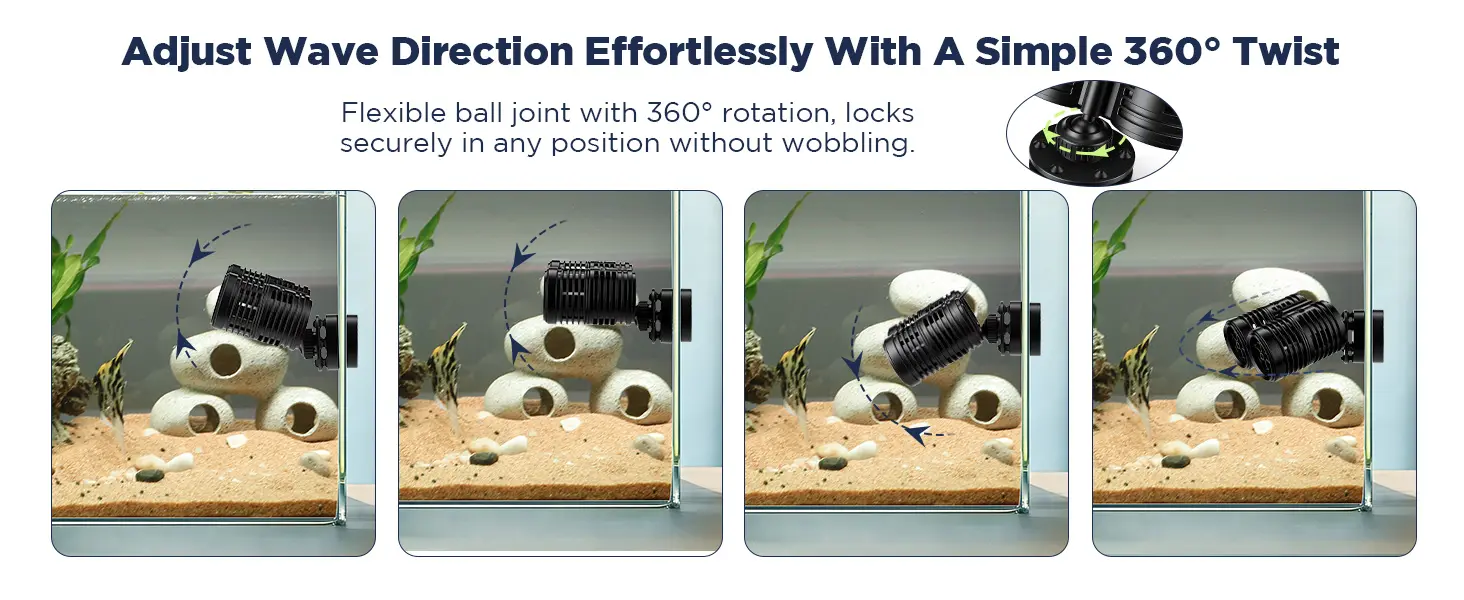 Hygger aquarium wave maker with 360° adjustable ball joint for effortless wave direction control in fish tank