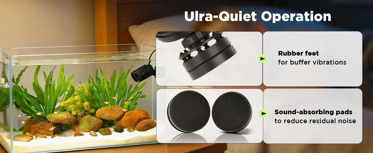 Ultra-quiet aquarium pump with rubber feet and sound-absorbing pads for silent operation in home aquariums