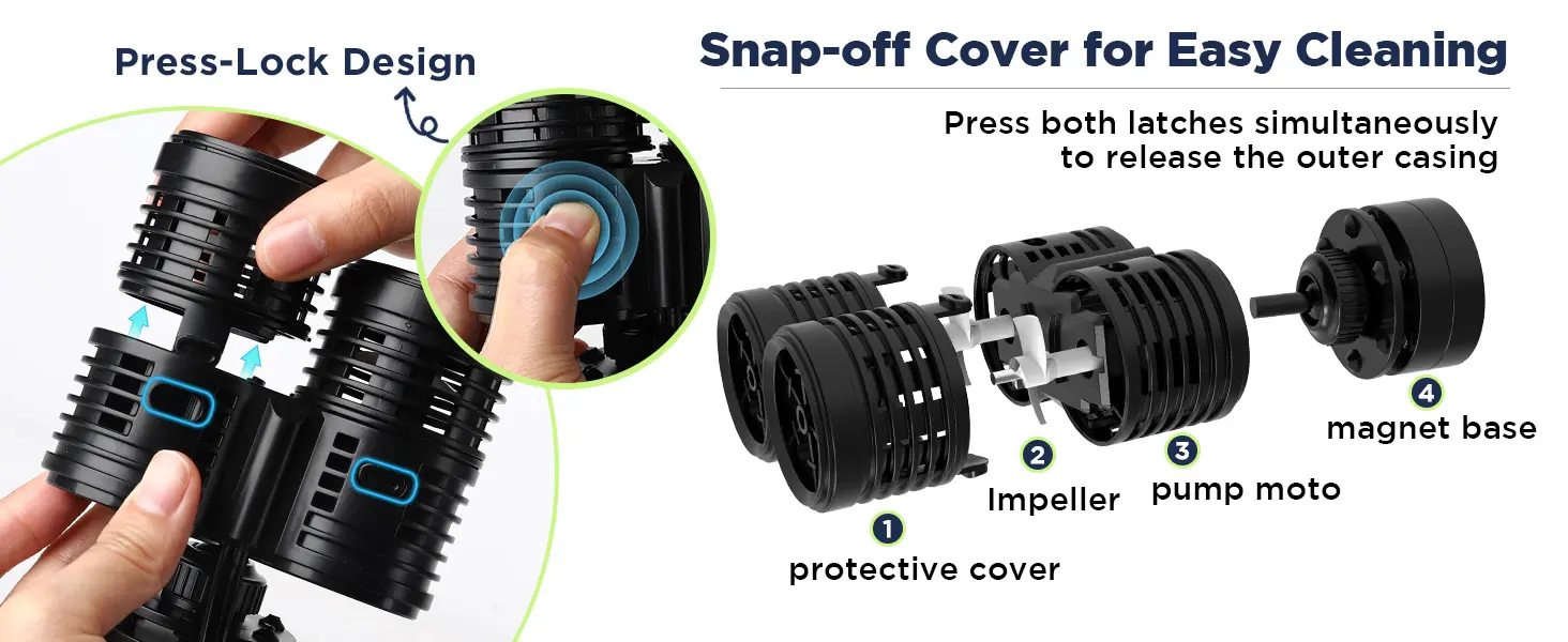 Hygger aquarium filter with press-lock design and snap-off cover for easy cleaning, showing impeller, pump motor, and magnet