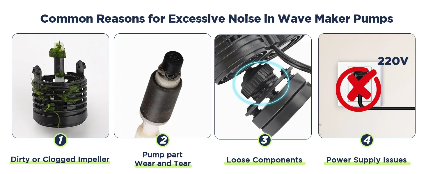 Wave maker pump noise causes: clogged impeller, worn parts, loose components, and power issues. Fix with cleaning, replacemen