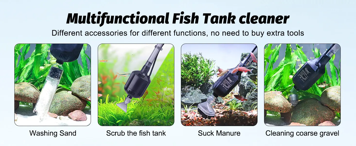Multifunctional fish tank cleaner with accessories for sand washing, tank scrubbing, manure suction, and coarse gravel cleani
