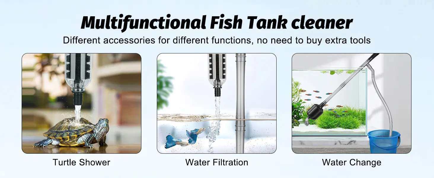 Multifunctional fish tank cleaner with accessories for turtle shower, water filtration, and water change