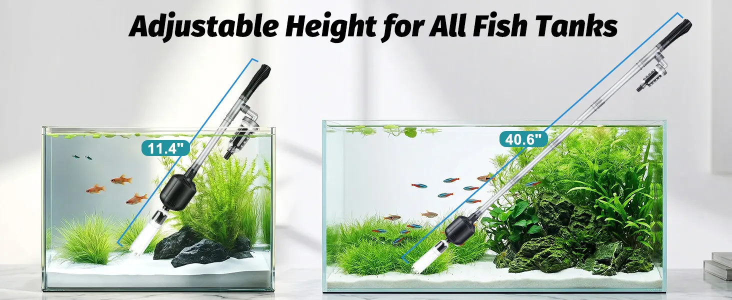 Adjustable height aquarium cleaner for small (11.4") and large (40.6") fish tanks with flexible hose and suction cup