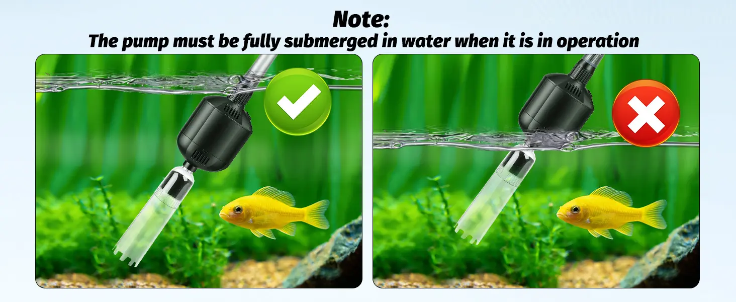 Correct vs incorrect aquarium pump submersion: green check for fully submerged, red cross for partially submerged